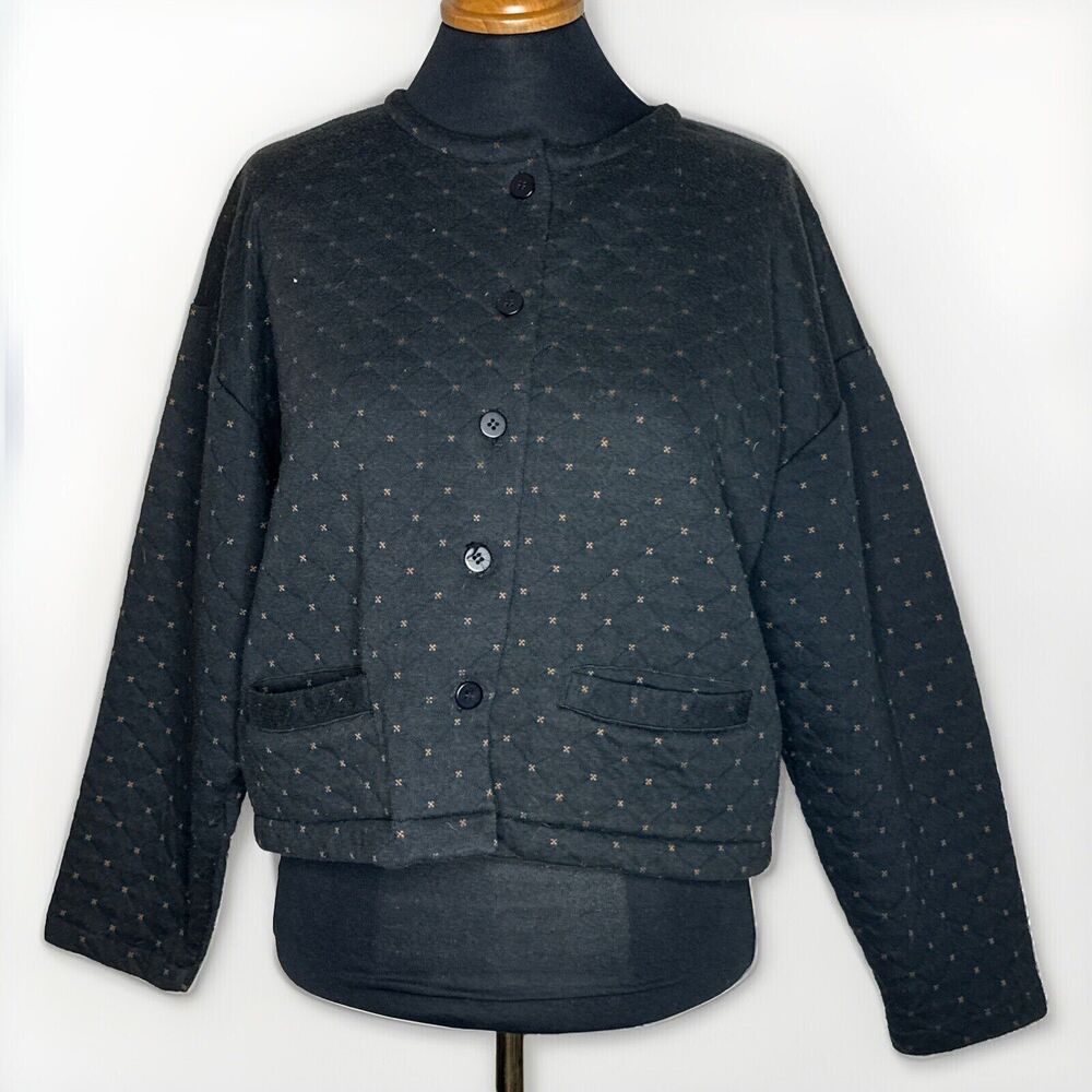VTG Tarazzia Sport Quilted Button Cardigan Cropped Black Jacket M Grandmacore - Picture 5 of 10